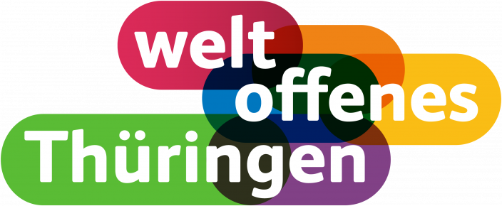 Logo Weltoffenes Thüringen mit bunden Farbfeldern im Hintergrund