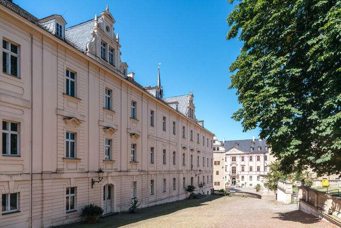 Ansicht Prinzenpalais des Residenzschlosses Altenburg, wo sie Sonderausstellungen des Lindenau-Museums stattfinden. Im Hintergrund ein Teil des Shclosshofes und den Eingang des Residenzschlosses. Blauer Himmel und rechts ein grünbewachsender Baum.